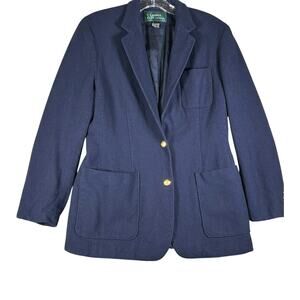 Ralph Lauren Wool Blazer Women Gold Button Blue 8 Pocket Collar Preppy Nautical